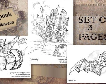 steampunk halloween coloring pages set, steampunk halloween coloring event, steampunk coloring pages set, halloween coloring pages set