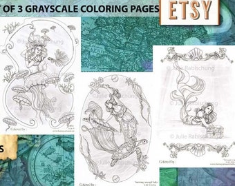 mermay marvels coloring pages bundle, mermaid coloring pages set,mermaid grayscale coloring pages,mermaid adult coloring, mermay madness