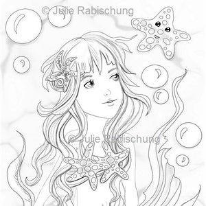printable mermaid coloring page, mermaid coloring page,mermay coloring page,starfish mermaid,instant download,adult coloring,cute mermaid
