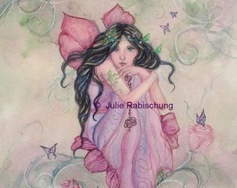fairy art- fairy- art print- giclee- fantasy art- rose- flower- flower fairy- green- girl- gift for her- woman- fairy wings