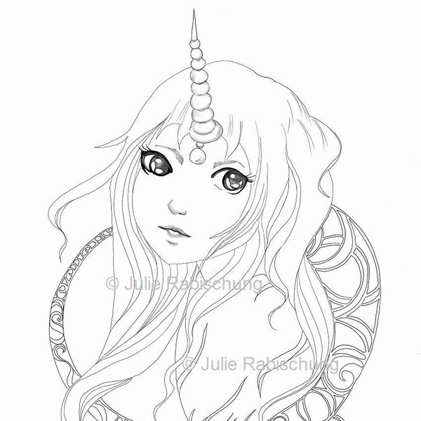unicorn girl coloring page,anime style,big eyes girl ,printable coloring page, high resolution,instant download,adult coloring,fantasy
