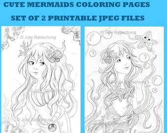 Cute mermaids printable coloring pages set, cute mermaids digital stamps set for cardmakings,mermay coloring pages set
