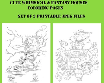 Set of two printable coloring pages,whimsical houses coloring pages,fantasy house digital stamps set for cardmaking