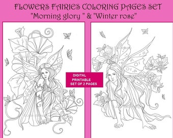 flower fairies coloring pages set, flower fairy, flower fairy coloring page, coloring pages bundle, coloring pages for adults, printables