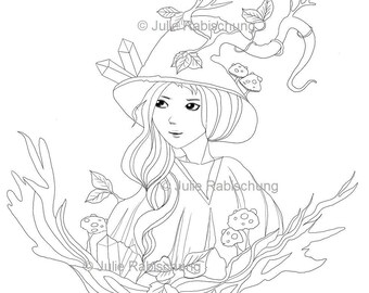 earth witch coloring page, cute witch digital stamp, printable witch coloring page, fantasy coloring page, witch coloring page, witch digi