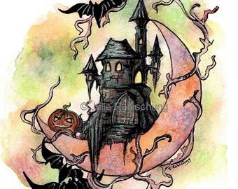 Halloween art print, Haunted house print, moon bats and pumkin print, creepy cute haunted house art