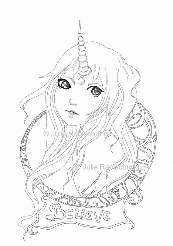 unicorn girl coloring pageanime stylebig eyes girl etsy