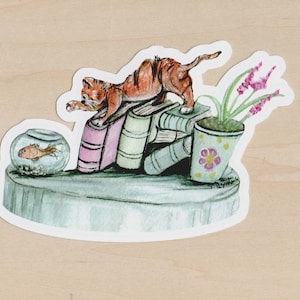 cat and fishbowl sticker, cat and books sticker, tabby cat and fishbowl sticker, tabby cat sticker, cat journal sticker, cat laptop decal