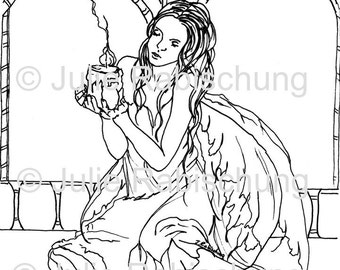 Digital stamp- coloring page -fantasy-fairy-candle-light commercial use