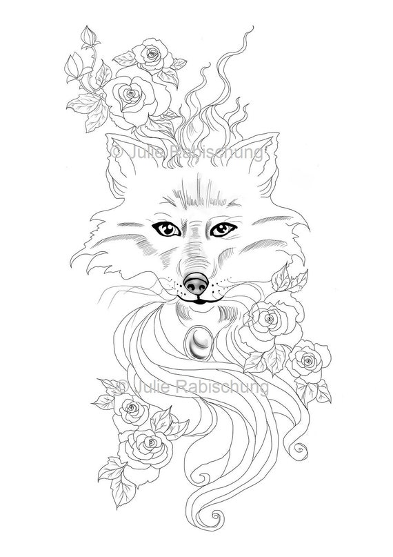 fox and roses coloring pageprintable fox coloring pagedigital fox tattoo  coloring pageadult coloring pageanimal coloring page