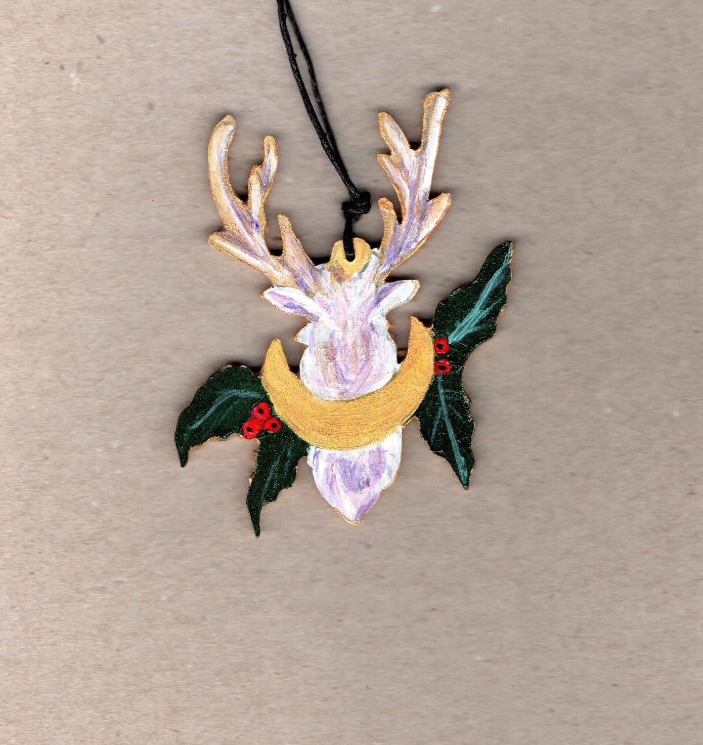 Yule Wood Ornament, Winter Deer & Holly Handmade Wooden Home Decor, Ornament