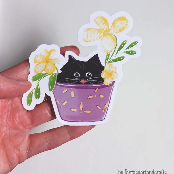 black cat in a flower pot sticker, funny black cat sticker, cat sticker for water bottle, cat and flowers sticker, cat laptop decal sticker