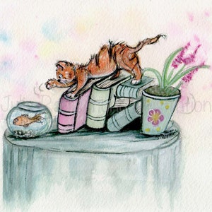 Original watercolor cat and fishbowl painting, original watercolor cat art, cat painting, cute tabby cat art, cat and fish art, cat art