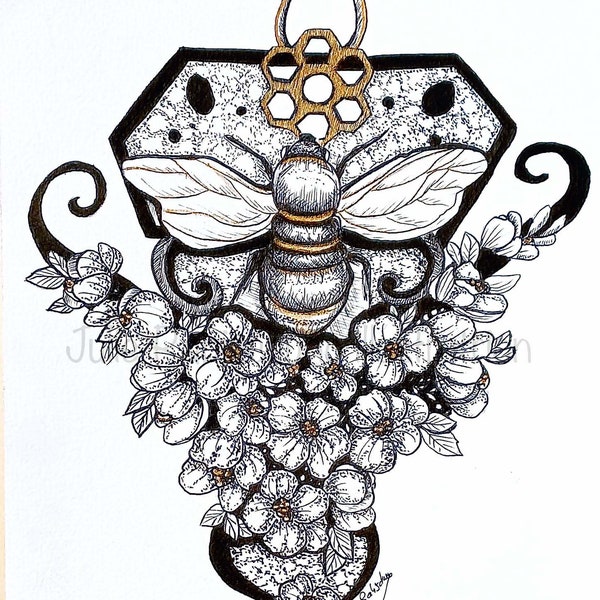 Original bee and flowers ink art, original ink drawing, ink and gold art, bee art, original bee art, ink drawing, ink artwork, botanical art