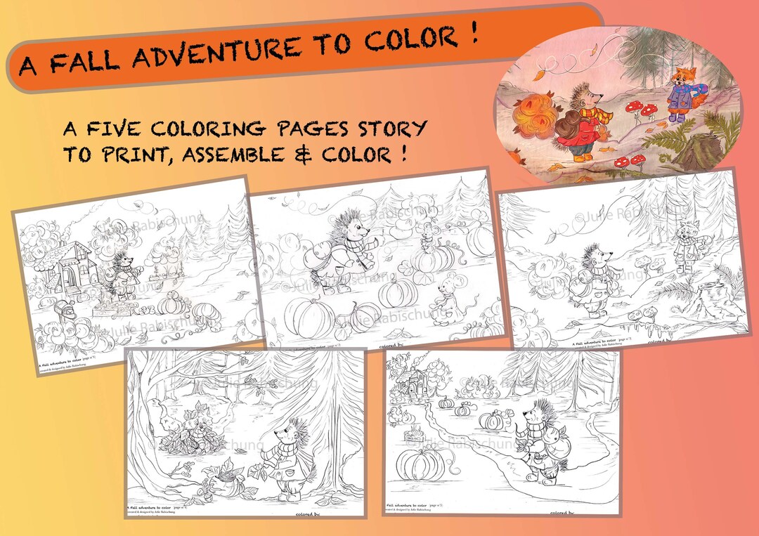Autumn Hedgehogs Coloring Pages Set, Autumn Hedgehogs Story to Color