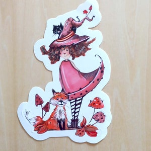 Autumn witch sticker, witch with fox and cat sticker, mushrooms witch sticker, witch laptop sticker, witch sticker