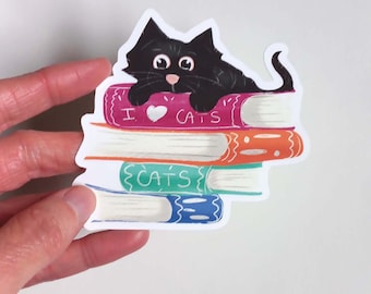 cat and books sticker, book lovers sticker, cat lovers sticker, cat sticker, black cat and books sticker, sticker for water bottle