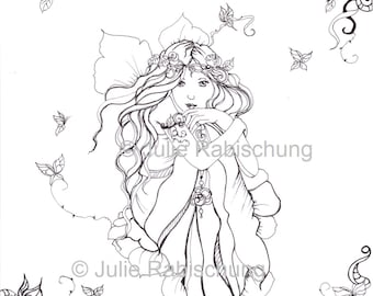 printable, digital fairy coloring page, flower fairy, fantasy, coloring page, adult coloring,digital stamp, digi stamp,fairy lineart