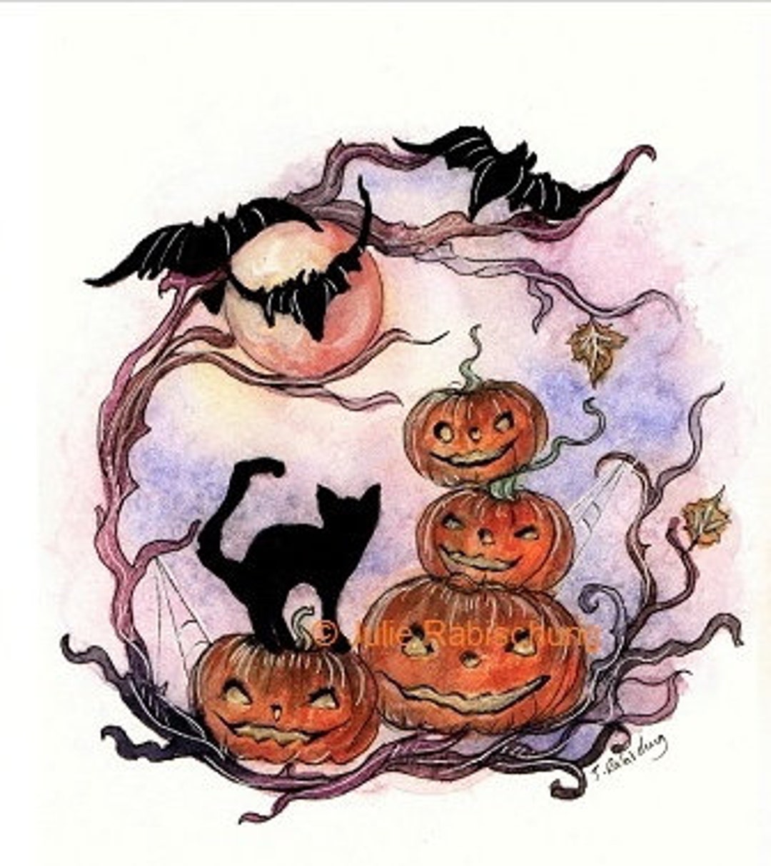 Pumpkin and Black Cat Art Print, Halloween Print, Art Print - Etsy