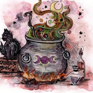 witch cauldron print,potion print,magic art print,fantasy art print,giclee,art and collectibles,black cat,moon,halloween art print,wicca art