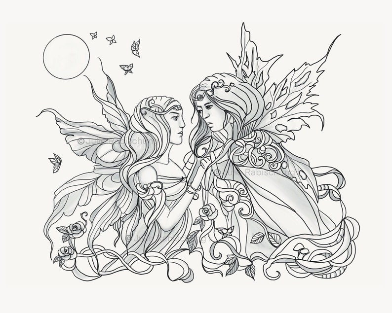 fairy couple grayscale coloring page, fairy grayscale coloring page, grayscale coloring page, adult grayscale coloring page, adult coloring image 1