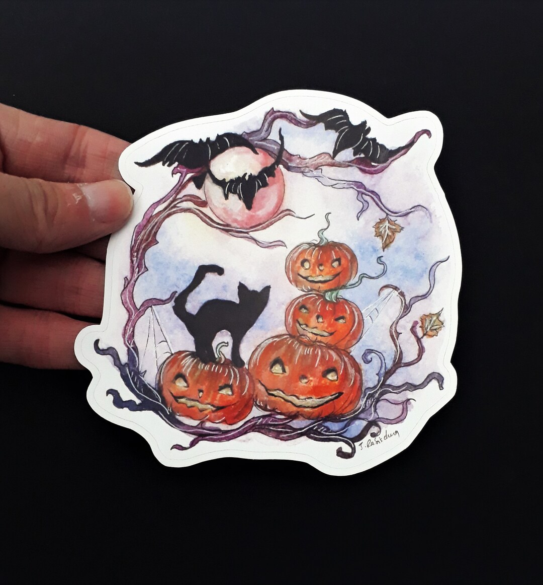 Halloween Pumpkins and Black Cat Sticker, Halloween Vinyl Sticker ...