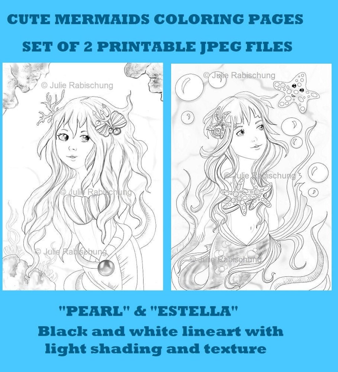 Cute Mermaids Printable Coloring Pages Set, Cute Mermaids Digital ...