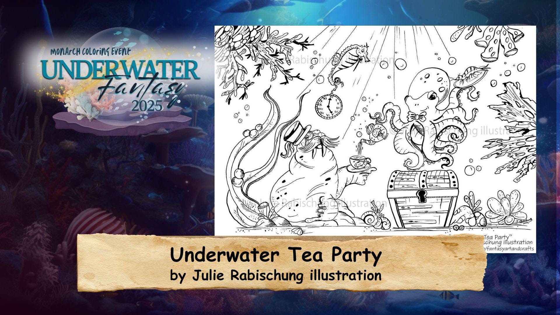 Monarch coloring event underwater fantasy, sea creatures adult coloring, ocean coloring page, whimsical octopus, seahorse and walrus lineart