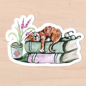 cat sleeping on books sticker, cat journal sticker, cat laptop decal, cat sticker, cat illustration sticker, sleeping cat sticker, cat decal
