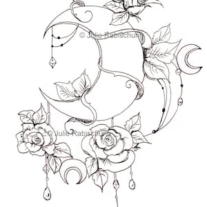 Printable Moon, Roses, Tattoo Style,neotraditional Coloring Page