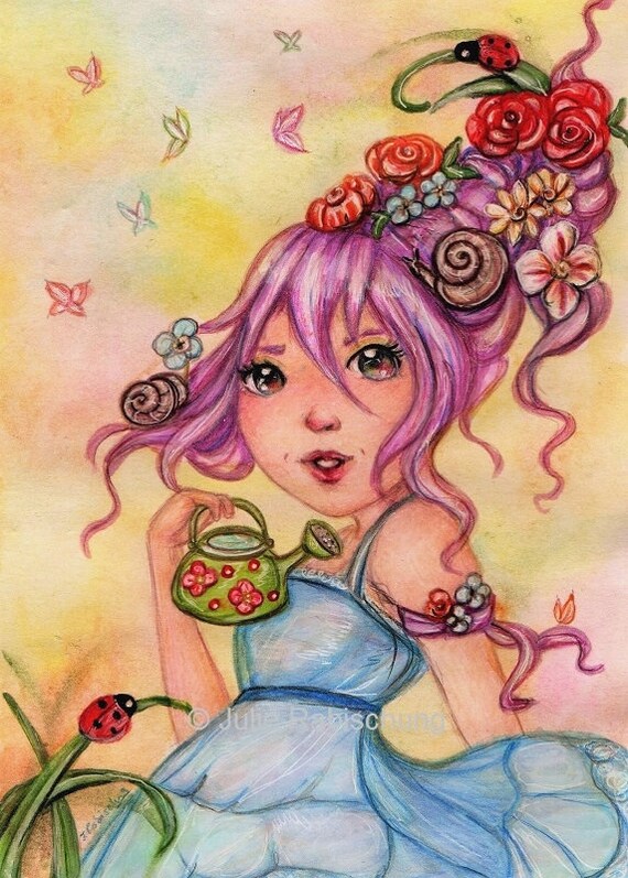 Purple Hair Girl Flowers Hairbig Eyed Girlbutterflypop Etsy