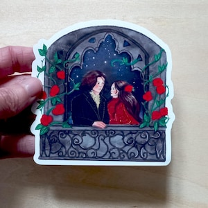 romantic victorian couple on a balcony with roses vinyl sticker, gothic romantic laptop decal, victorian love vinyl decal