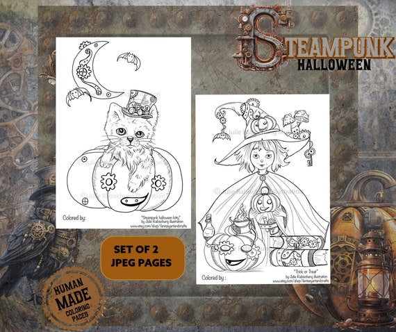 steampunk halloween coloring pages,cat coloring page, witch coloring page, halloween coloring pages set, halloween adult coloring
