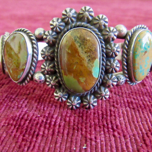 Beautiful, Robert Yellowhorse, 5-Stone, Green Turquoise & Sterling Silver Bracelet/Cuff