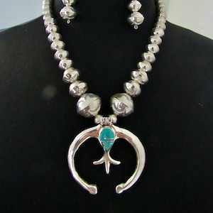 Navajo, Cast Sterling Silver Naja with Channeled Turquoise Inlay on Handmade Graduated & Stamped Bench Beads with Matching Earrings