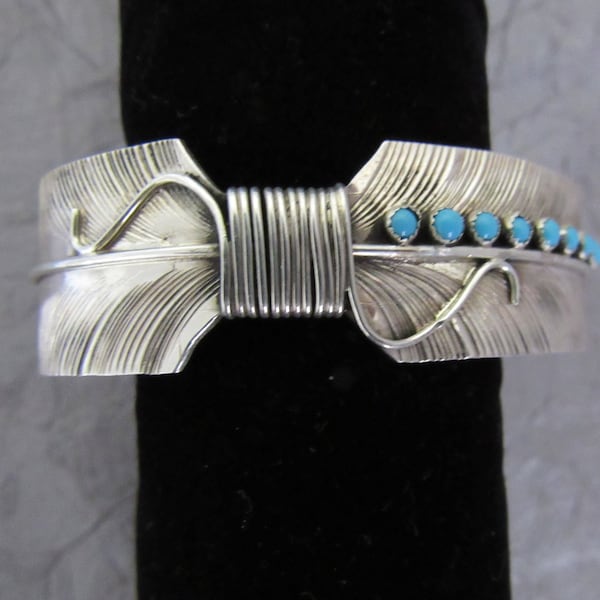 Navajo Sterling Silver Feather Design Bracelet/Cuff with Turquoise "Snake Eyes" - Signed