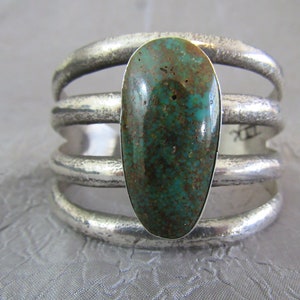 Beautiful, Contemporary Look, 4-Prong, Cast Sterling Silver, Navajo Bracelet/Cuff with Large Oval Green Turquoise Stone, Signed