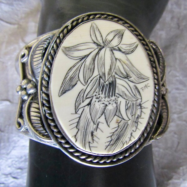 One-of-a-Kind, Large, 1970s, Cactus Flower Scrimshaw & Sterling Silver, Navajo Bracelet/Cuff - Signed