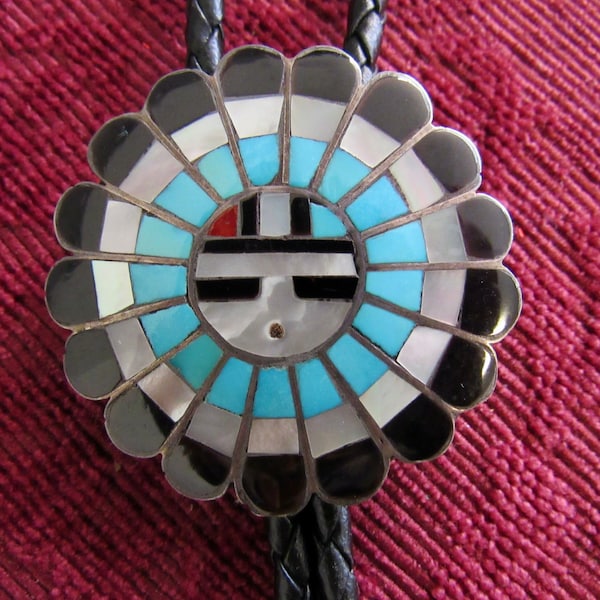 Beautiful, Vintage, Zuni, Sterling Silver & Multi-Stone Inlay Sun Face Bolo Tie - Signed