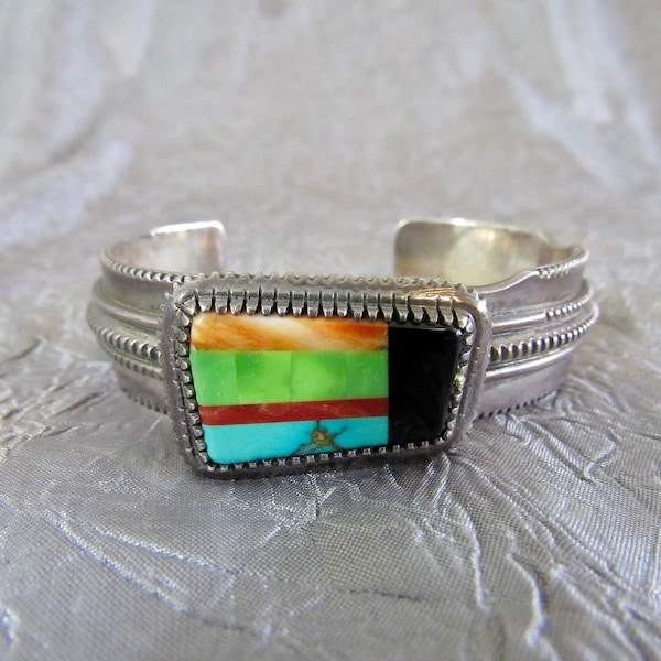 Striking, Heavy, 1980s Modernistic, Asymmetrical Navajo Sterling Silver & Multistone Inlay Bracelet/Cuff, Signed