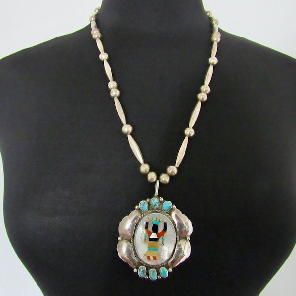 Large, Beautiful, Vintage, Sterling Silver, Turquoise & Multi-Stone Inlay Apache Mountain Spirit Dancer Pendant on Handmade Beads - Signed