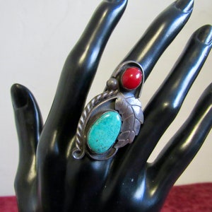 Large, Navajo, Old/Dead Pawn, Turquoise, Coral and Sterling Silver Ring - Size 6