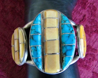 Einzigartig, groß, alt, Navajo, Sterling Silber und kanalisierter Türkis & Muschel Armband / Manschette