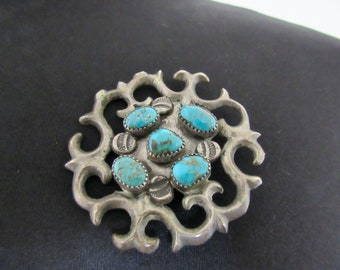 Large, Beautiful, Old/Dead Pawn, Navajo Sandcast Sterling Silver & Natural Turquoise Pin/Brooch!!!!