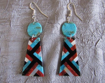 Striking Vintage Santo Domingo Turquoise Inlay Native American Necklace Earrings Striking Vintage Santo Domingo Turquoise Inlay Native American Necklace Earrings