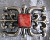 Large Striking Navajo Sandcast Sterling Silver and Spiny Oyster Shell Belt Buckle In Great Condition