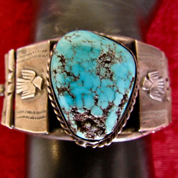 Mid-20th Century, Navajo Sterling Silver & Natural Turquoise Bracelet/Cuff with Thunderbirds from Collector's Estate