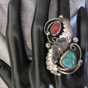 Large, Heavy, 1970s, Navajo, Old/Dead Pawn, Turquoise, Coral and Sterling Silver Ring with Long Curving Leaf - Size 6 1/4 - 6 1/2 - Signed