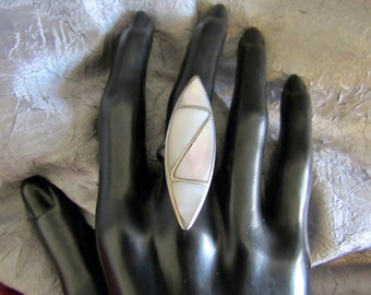 Long, Elegant, Navajo, Sterling Silver & Channeled Inlaid Mother of Pearl Ring, Signed - Size 7