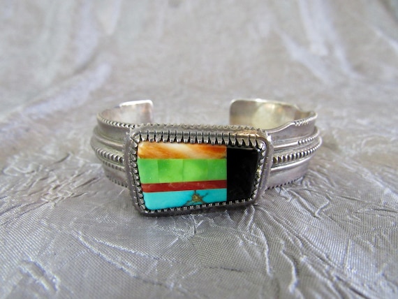 Striking Modernistic Zuni Native American Inlay Turquoise Sterling Silver Ring Striking Modernistic Zuni Native American Inlay Turquoise Sterling Silver Ring